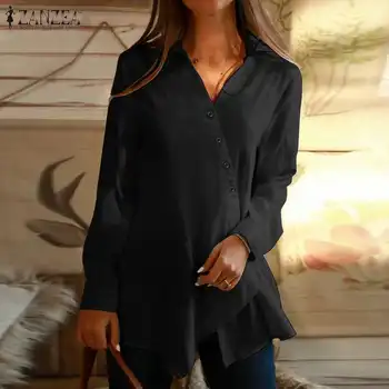 2021 ZANZEA Ženske Asimetrični Bluzo Elegantne Majice z Dolgimi Rokavi Ženske V Vratu Trdna Vrhovi Plus Velikost Vrh Priložnostne Gumb Blusas