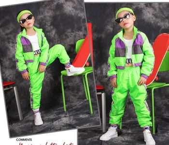 3 Kosov Dekleta Ulični Ples Kostume Jazz Hiphop Fluorescentno zelene Obleke Rastlinske ples Fazi Kažejo, oblačila Za 10 12 14 16 Let