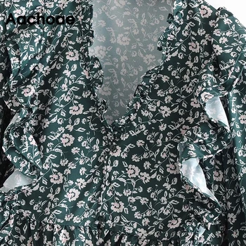 Aachoae Elegantno Floral Print Majica Ženske V Vratu Ruffles Bluzo Jesen Pomlad Dolg Rokav Boho Odrezana Vrhovi Blusas De Mujer