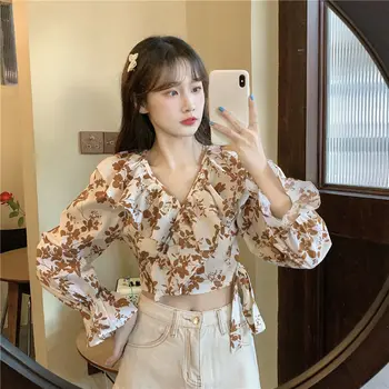 Korejski Sladko Ruffles Cvetlični Vrhovi Pozimi Kratke Ženske Oblikovalec Flare Rokav Bluzo Priložnostne Urad Retro Oblačila Ženske 2021 Pomlad