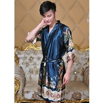 Moški Kimono Kopalni Plašč Kitajski Slog Haljo Obleke Cvet Tiskanja Sleepwear Priložnostne More Rajon Negliže Svoboden Intimno Perilo