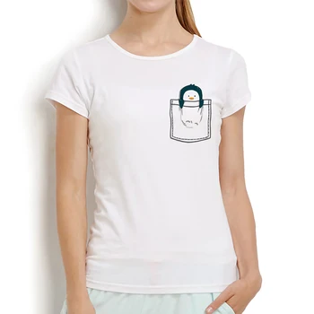 Srčkan Pingvin v žep smešno majica s kratkimi rokavi ženske poletje nova bela priložnostne kratkimi rokavi tshirt femme kawaii ulične t-shirt