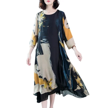 Svilena obleka ženska poletje novi retro tiskanja Tri Četrtine obleko velikosti M-4XL visoka kakovost, elegantna in udobno vestidos