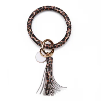 Usnje moda Zapestnica Keychain Leopard Python Teksturo Krog Tassel Wristlet Keychains Za Ženske, Dekleta Darila Keyring llaveros