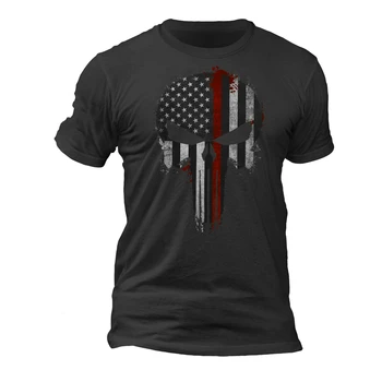 ZDA Gasilska Tanko Rdečo Črto Zastavo Lobanje - Zastave na Rokav T-Shirt